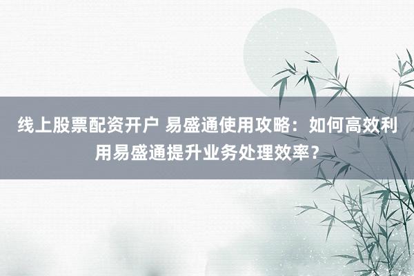 线上股票配资开户 易盛通使用攻略：如何高效利用易盛通提升业务处理效率？